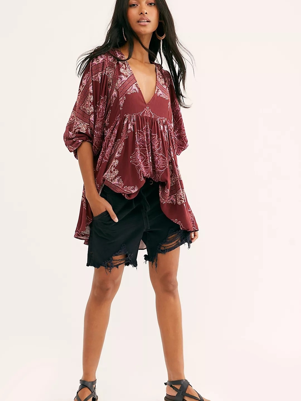 Free People Burgundy Paisley V-Neck Tunic